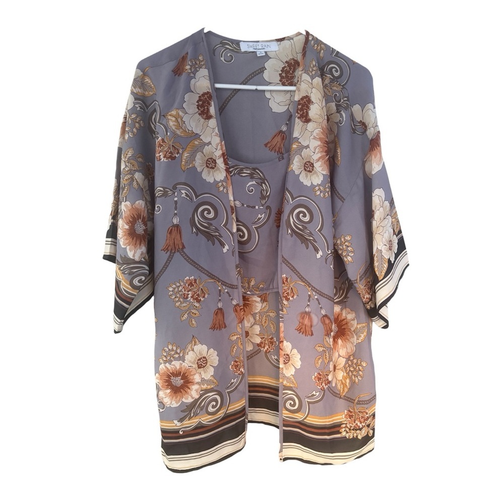 Sweet Rain Lavender Floral Kimono Tunic with Cream and Brown Accents